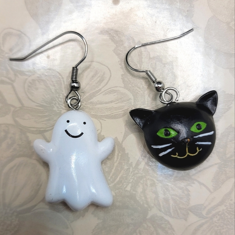 Black Cat And Ghost Earrings Mismatched Halloween